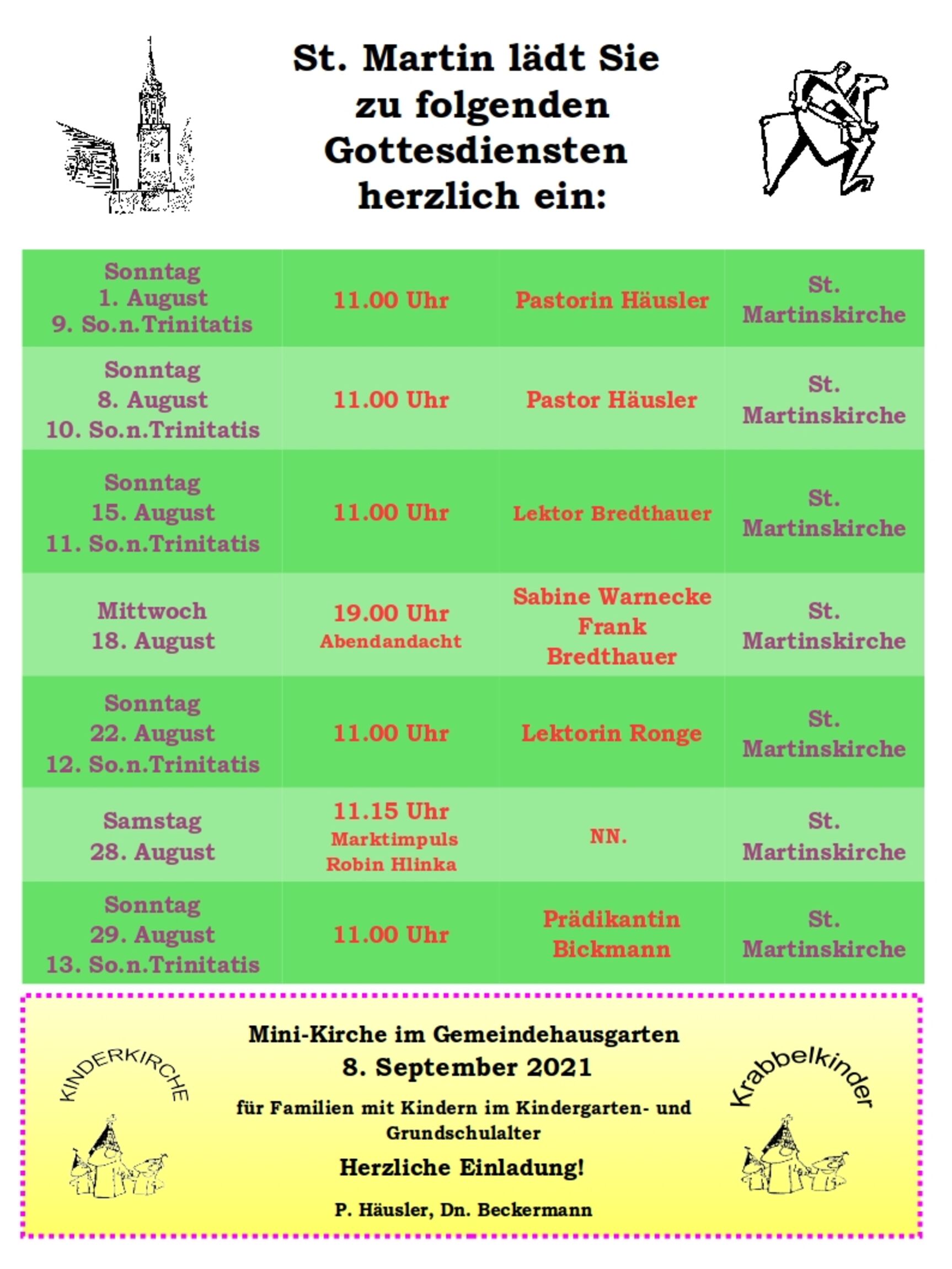 Gottesdienstplan St. Martin August 2021