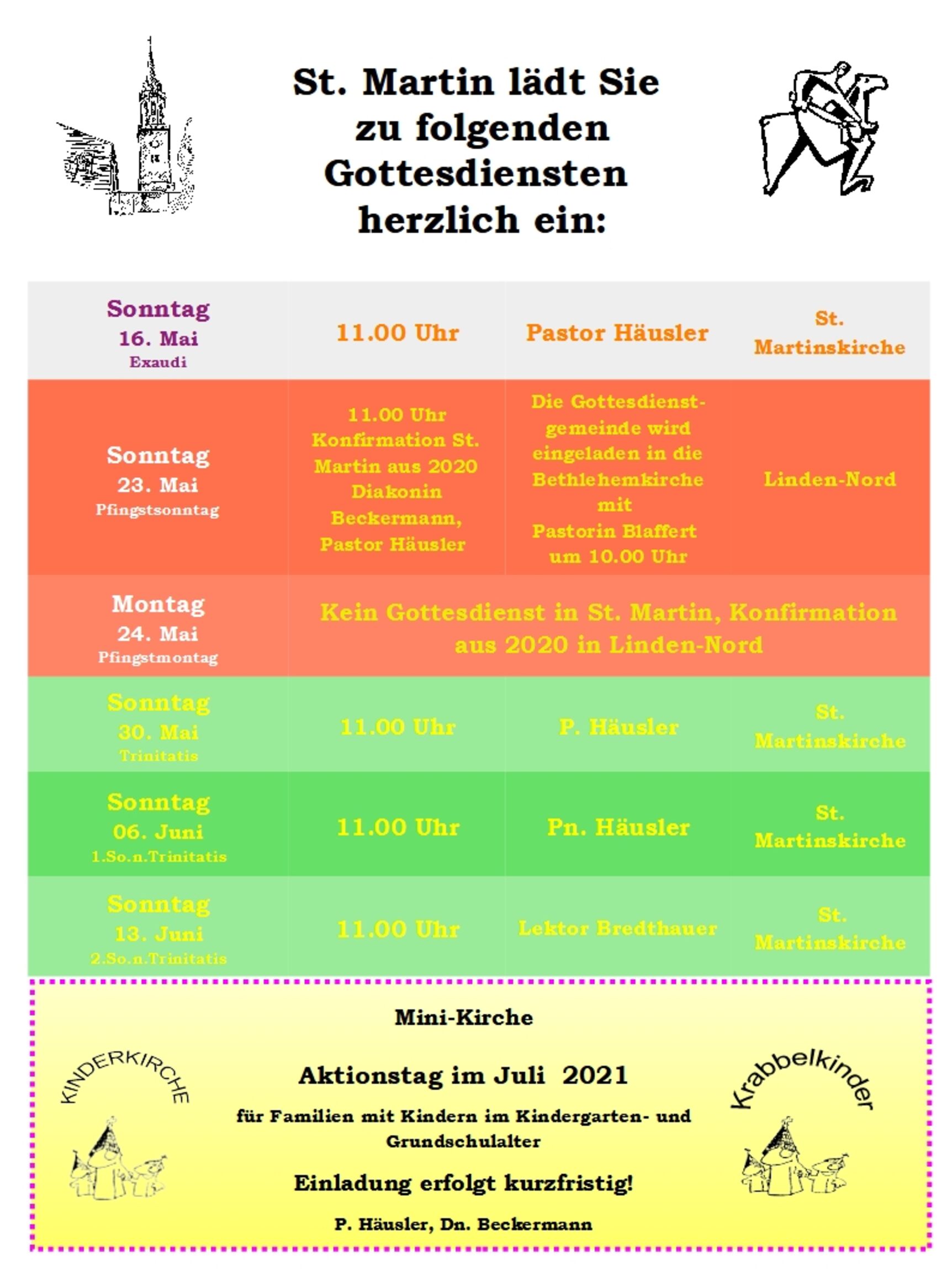 Gottesdienstplan St. Martin Mai Juni 2021, Stand: 15.05.2021