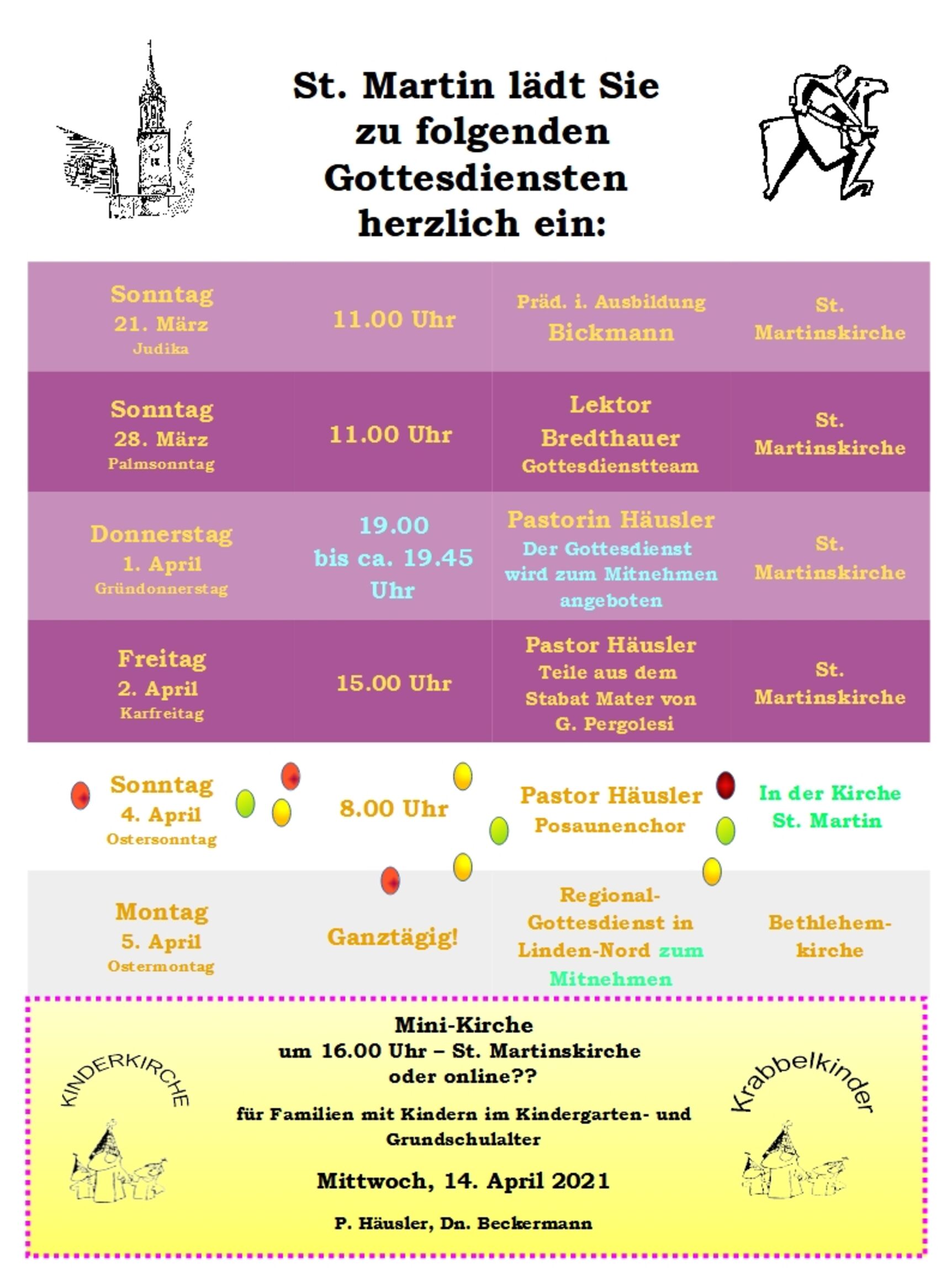 Gottesdienstplan St. Martin März April 2021, Stand: 02.04.2021