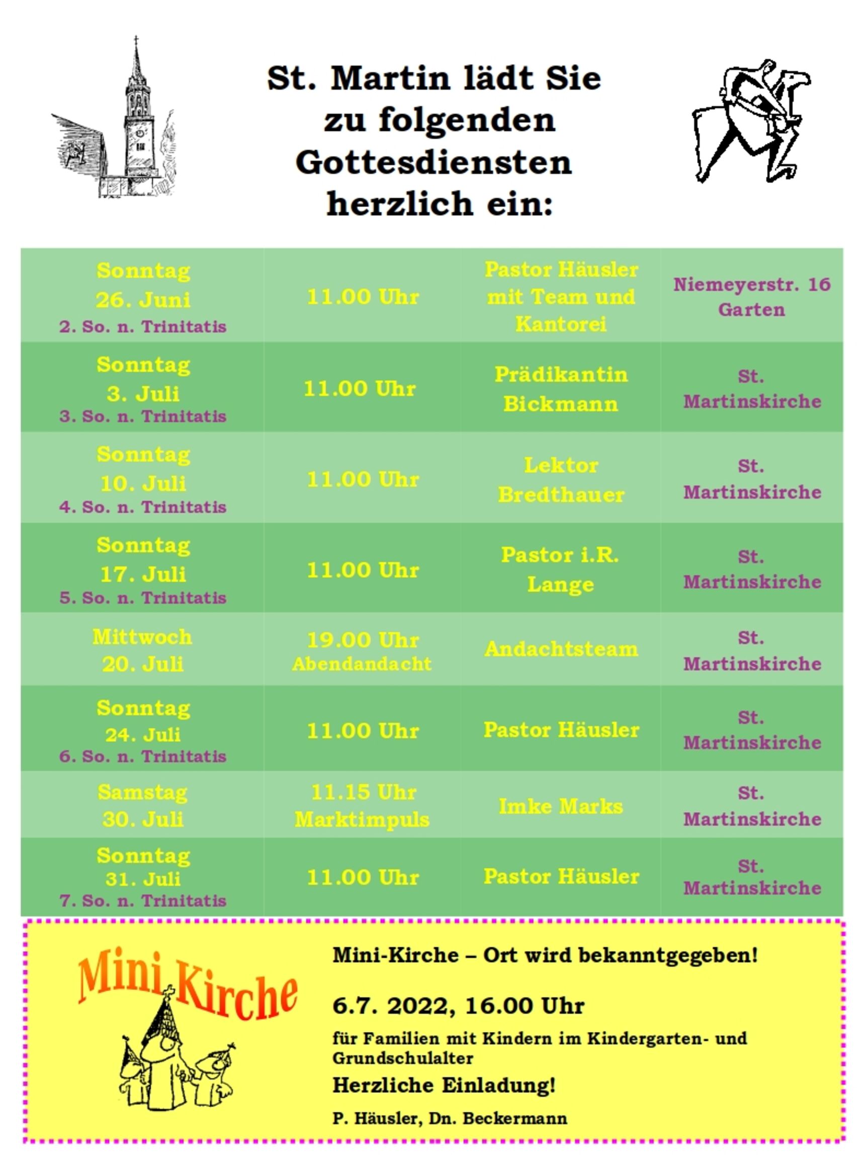 Gottesdienstplan St. Martin Juni Juli 2022