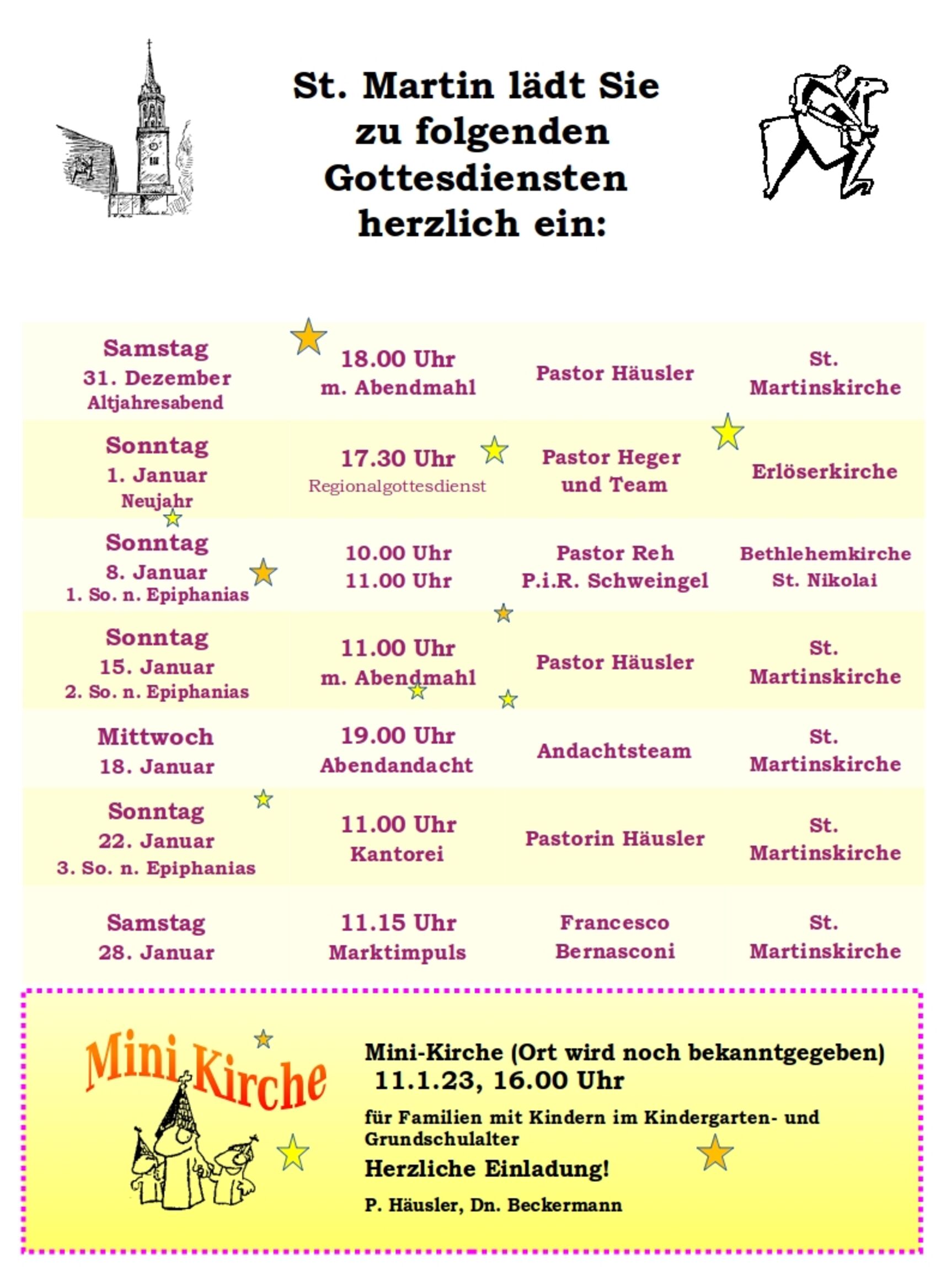 Gottesdienstplan St. Martin Dezember 2022 Januar 2023