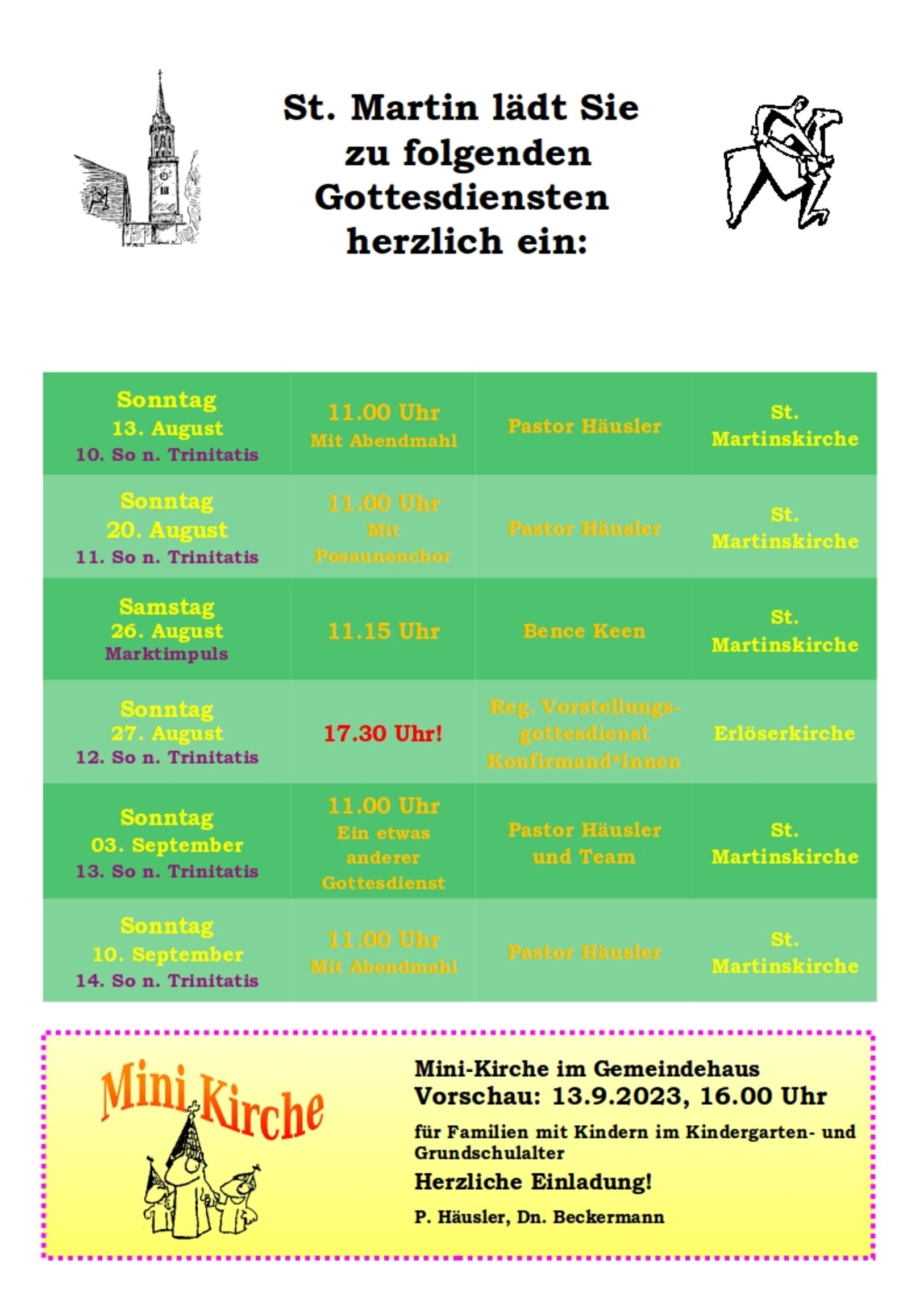 Gottesdienstplan St. Martin August September 2023