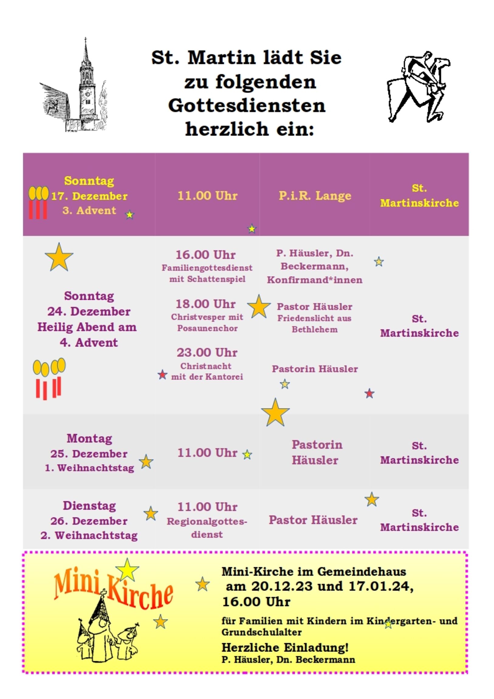 Gottesdienstplan St. Martin Weihnachten 2023