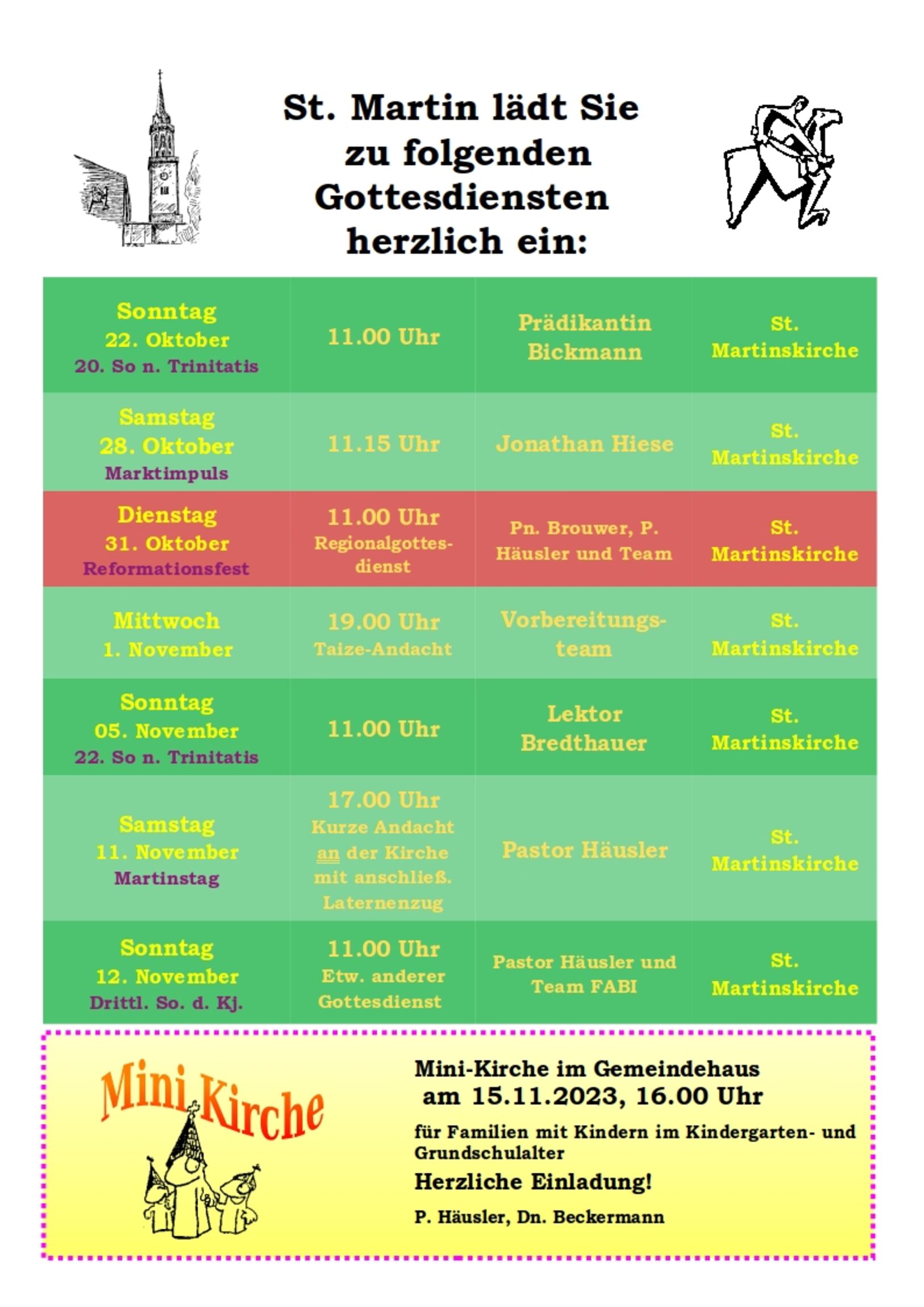 Gottesdienstplan St. Martin Oktober November 2023