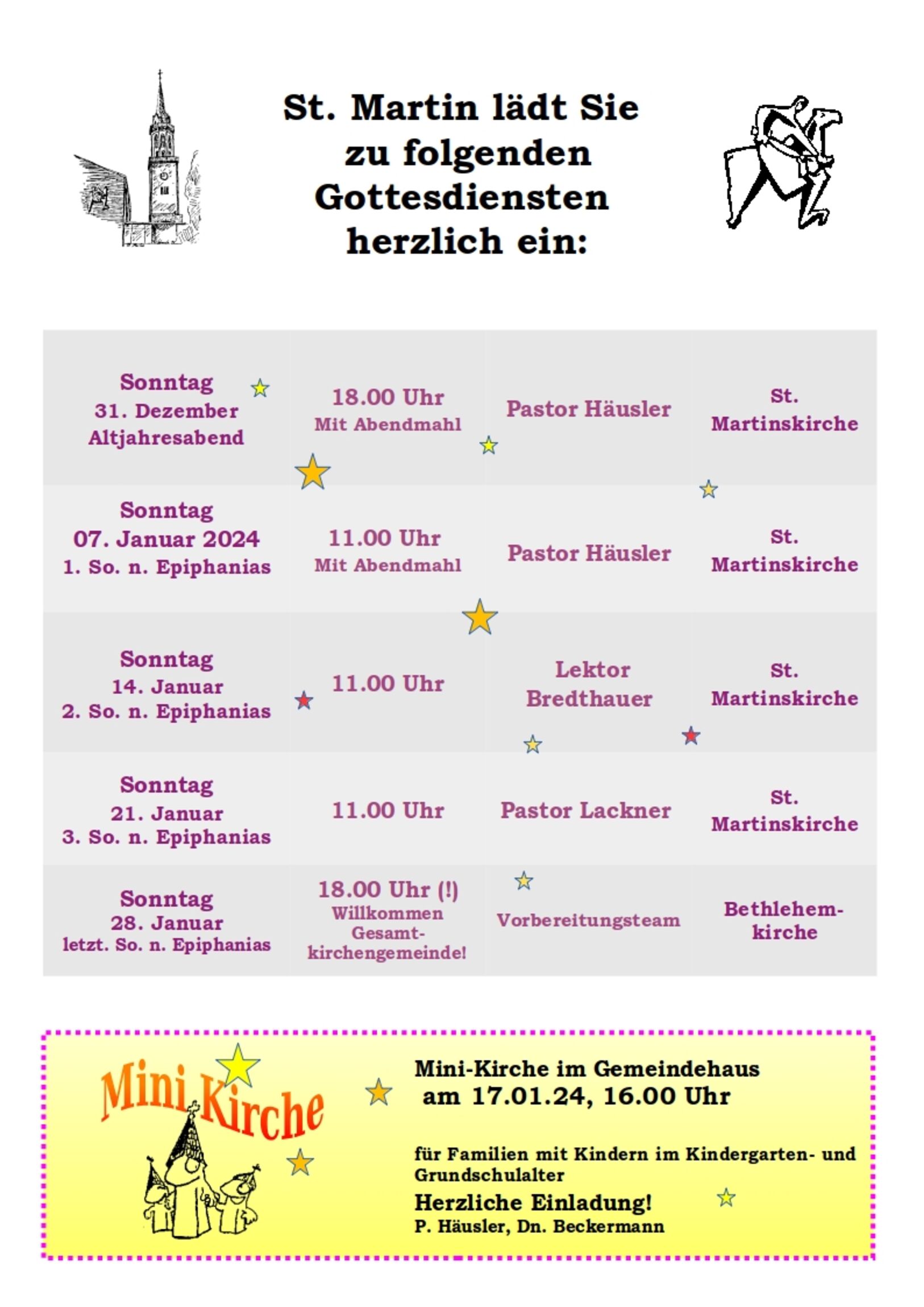 Gottesdienstplan St. Martin Dezember 2023 / Januar 2024