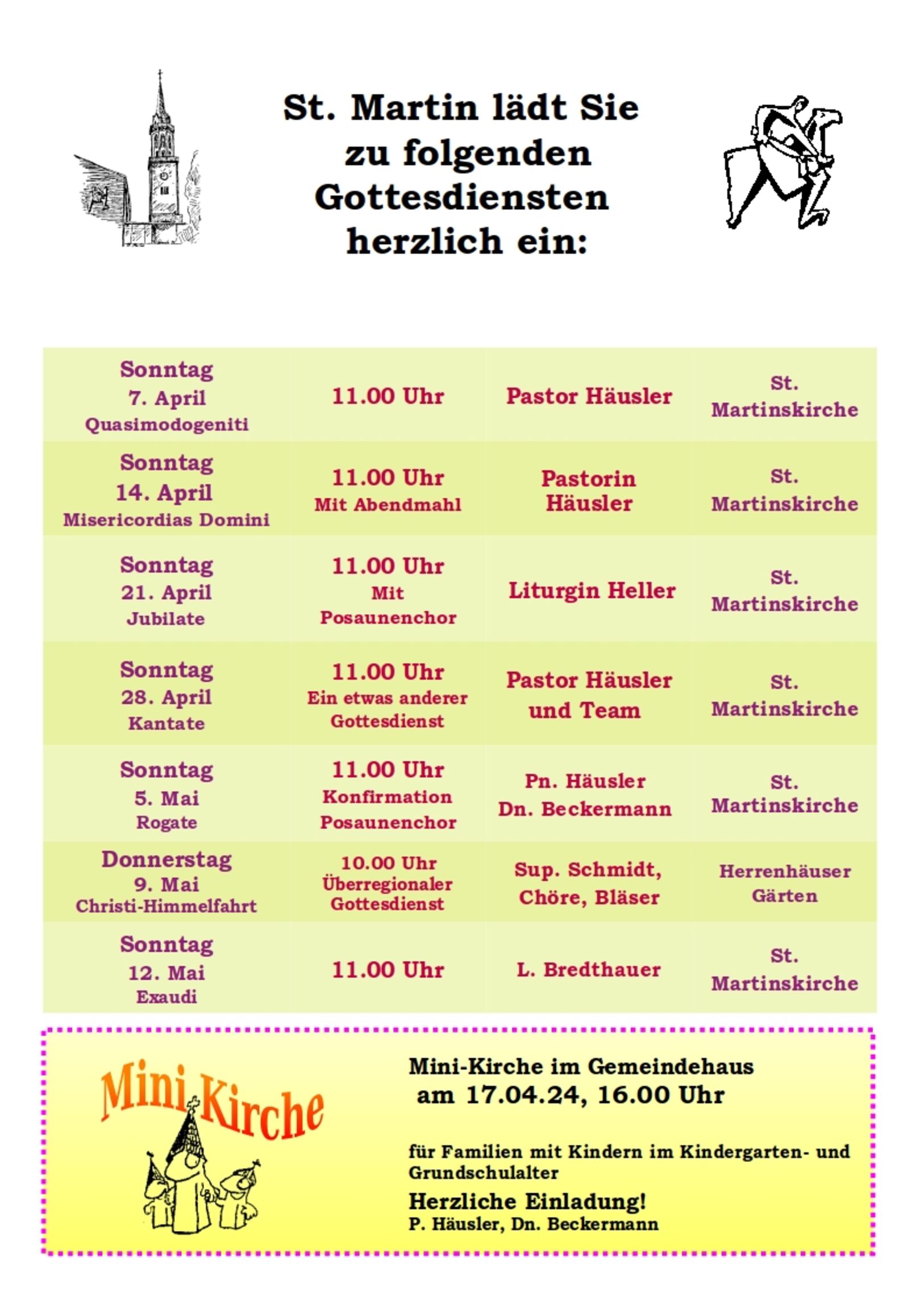 Gottesdienstplan St. Martin April Mai 2024