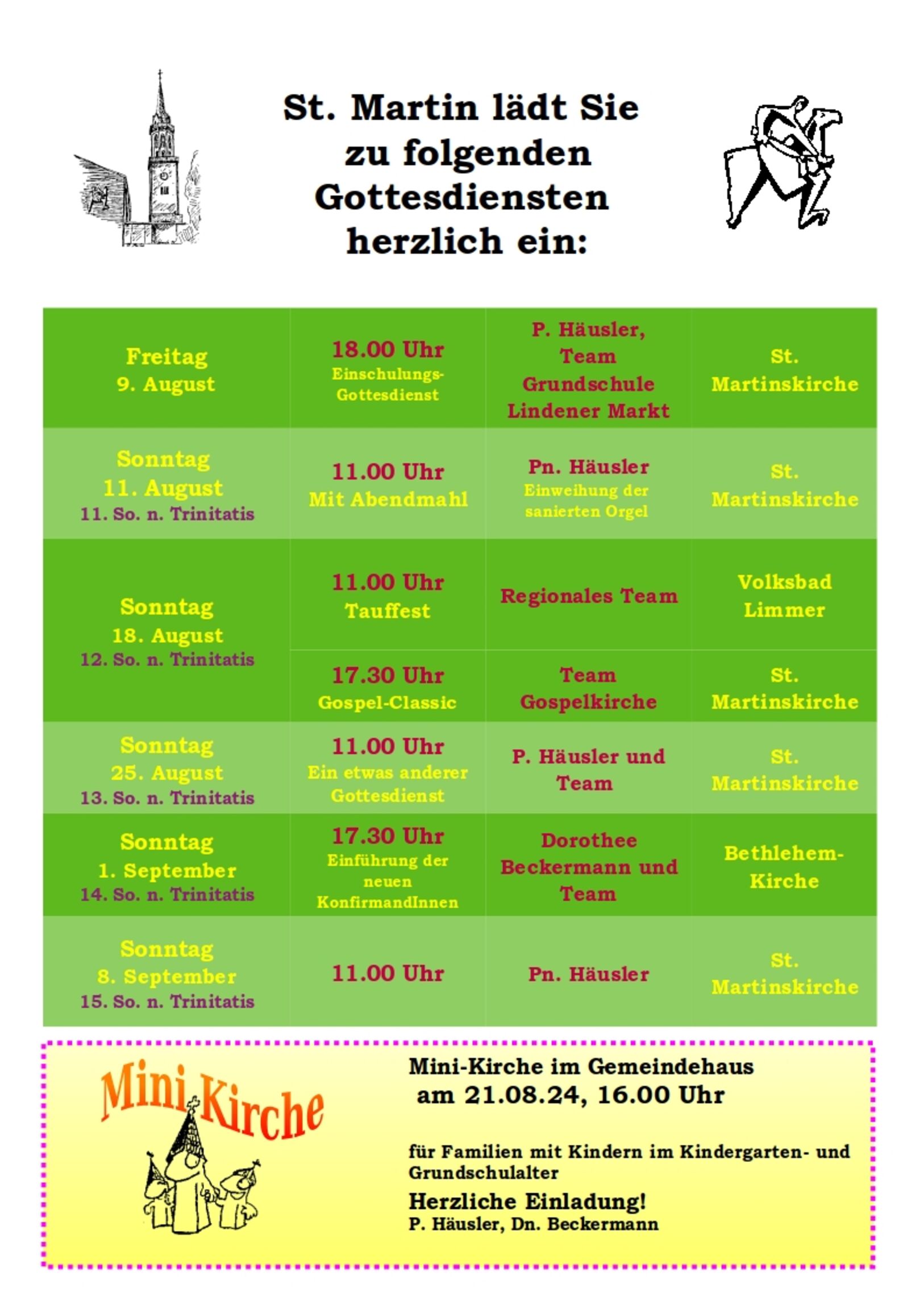 Gottesdienstplan St. Martin August 2024