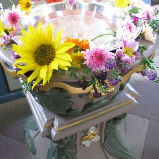 Sommerblumen schmücken das Taufbecken in der Bodenburger St. Johannis Kirche