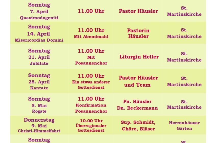 Gottesdienstplan St. Martin April Mai 2024