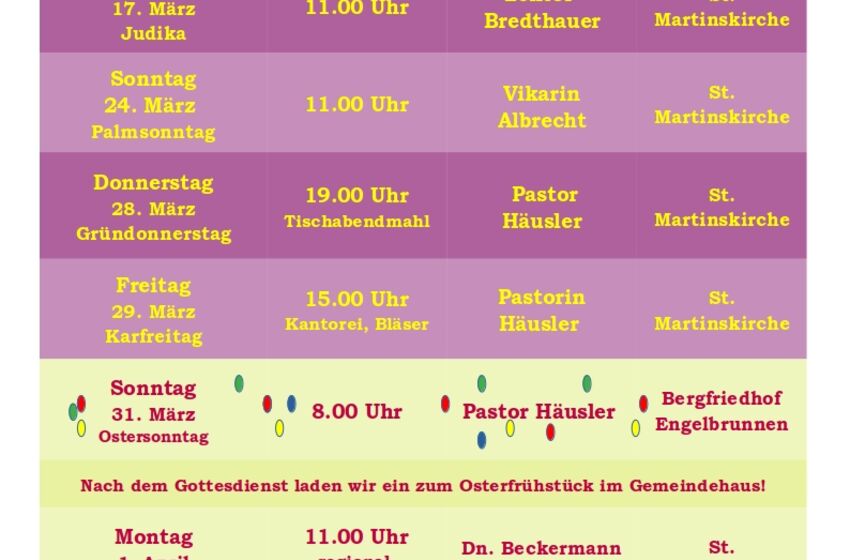 Gottesdienstplan St. Martin März April 2024