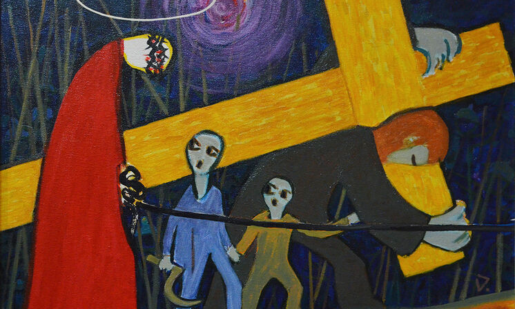 Kreuzweg 08 Simon von Kyrene hilft Jesus das Kreuz tragen